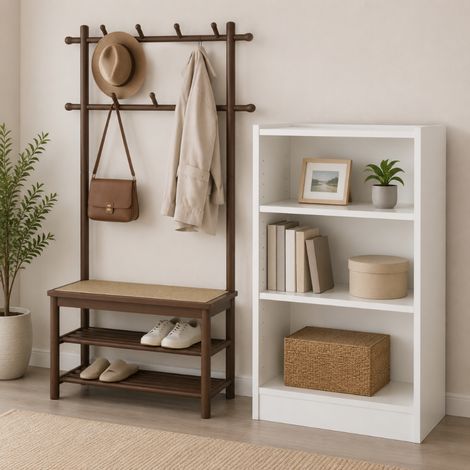 Conjunto de almacenamiento para el recibidor (2 piezas): estantería blanca de tres niveles y perchero de bambú con banco para zapatos (1/5)