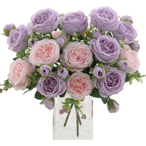 Pivoines artificielles (Lot de 3 tiges) — Bouquet de fausses pivoines — Décoration de table (Vase non inclus)