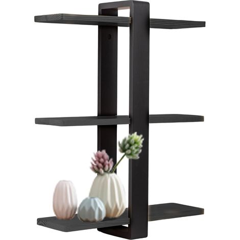 Floating Shelves Black  3 Tier Wall Mounted Shelf Unit 50cm, Solid Pine Wood Shelves for Bedroom, Living Room, Bathroom Office Rustic Wall Storage for Plants Photos Decor (All Black, Set of 1) (1/5)