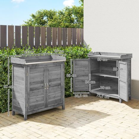 Armoire de jardin grise avec table de rempotage, abri de rangement en bois, plan de travail en acier galvanisé, 2 tablettes, pour outils et plantes. (1/5)