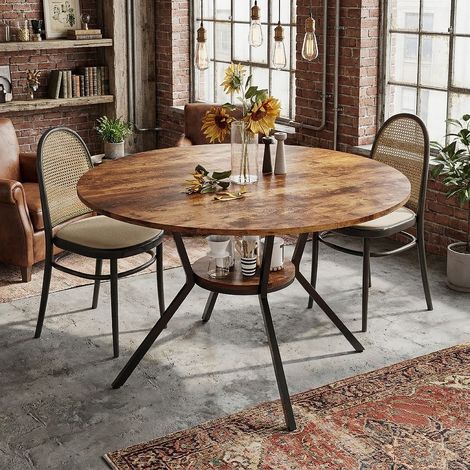 Table à manger ronde style industriel marron rustique, table de cuisine 120cm pour 4 à 6 personnes avec étagère de rangement en bois et métal (1/5)