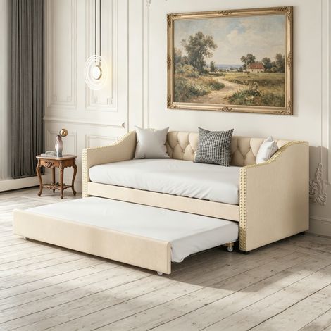 Lit gigogne 90x200cm, Canapé-lit 2 placesavec avec clous décoratifs, lin capitonné beige, sommier à lattes, sans matelas