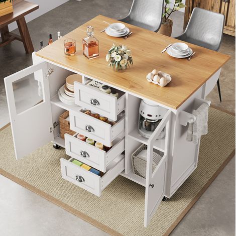 Carrito de cocina sobre ruedas 137,9x45/73x92,5 cm, 4 cajones, 2 puertas, bandeja abatible, en MDF y metal, blanco (1/5)