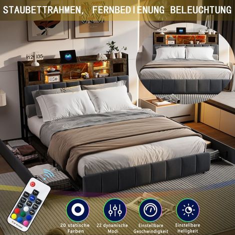 Doppelbett 160x200 cm - Kopfteil mit LED - 4 Stauraumschubladen - Graues Leinengewebe - Modernes Design