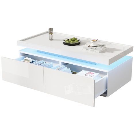 Table basse LED 95x45x35 cm, 2 tiroirs, laquée blanche moderne, design (1/5)