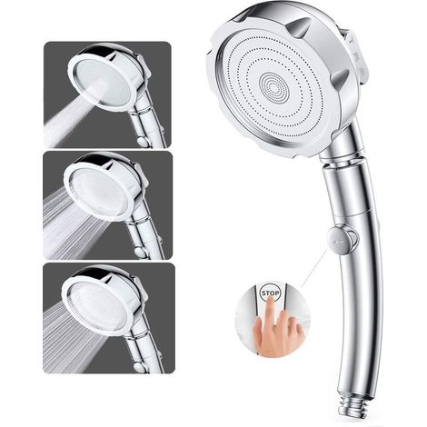 Pommeau de Douche Douchette Pommeau de Douche Haute Pression 3 Modes Douche Salle de Bain ABS Acier Inoxy avec Bouton STOP Type Universel Haute Pression Economie d'Eau (1/4)