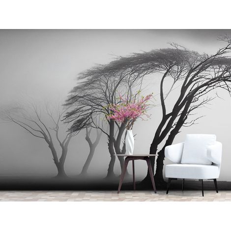Papier Peint Noir et Blanc - Arbres dans la Brume - 300 x 250 cm (1/2)