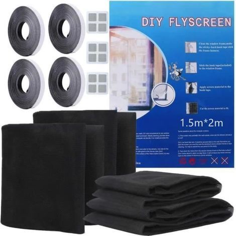 Zanzariera per finestra in 4 pezzi, con 4 strisce autoadesive e 3 toppe di riparazione, 1,5 m x 2 m - Nera (1/4)