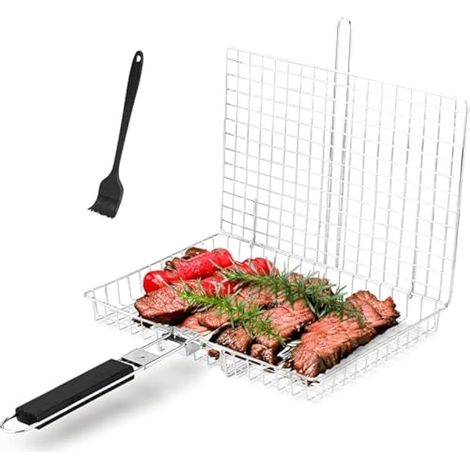 Panier de barbecue portable en acier inoxydable pour poissons et légumes, panier de barbecue pliable pour le camping, les poissons, les crevettes, les légumes, accessoires de cuisson (noir) (1/5)