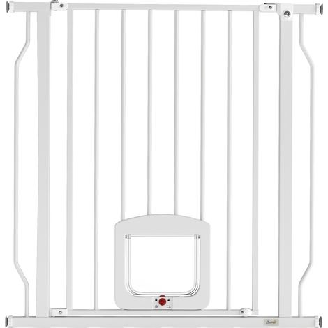 Barrera de seguridad para perros con portillo para gatos 75-85 cm de acero blanco (1/5)