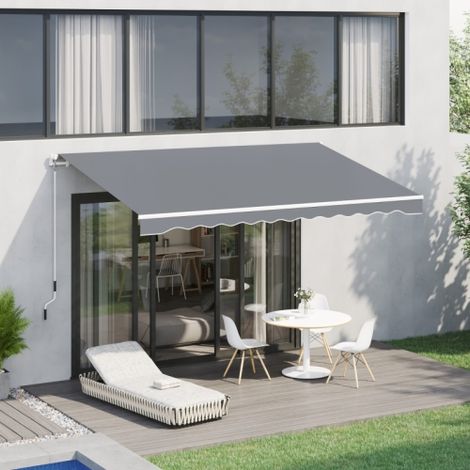 marquise, 3,95 x 2,45 m, protection solaire, accessible, avec couronne à main, cadre métallique, polyester, gris/blanc