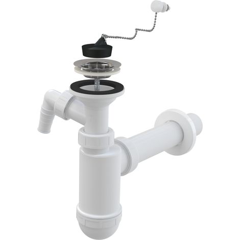 Sifón para lavabo DN40 con colador de acero inoxidable y tapón con cadena. (1/3)