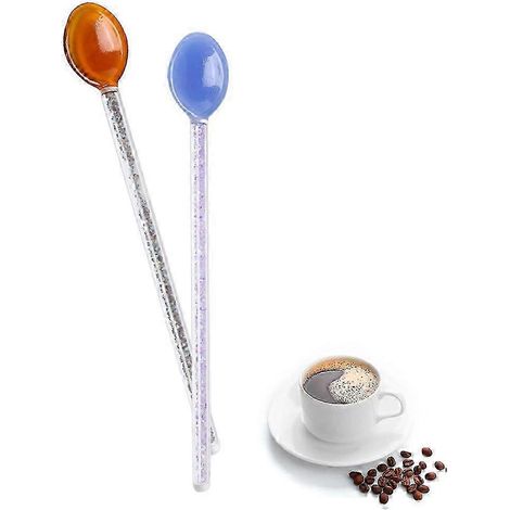 Lot de 2 cuillères en verre résistantes à la chaleur, avec bâtonnet mélangeur et finition brillante, idéales pour le café, la crème glacée, les desserts, les cocktails, les milkshakes et les boissons (1/5)