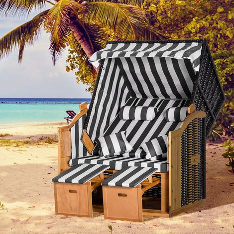 Chaise de plage avec repose-pieds, table pliante et appui-tête, mobilier d'extérieur, nature + gris + blanc (1/5)