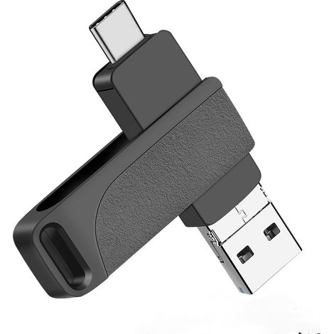 Memoria USB de 64 GB, dos puertos USB 2.1 Tipo-C, carcasa metálica, diseño giratorio, color negro. (1/4)