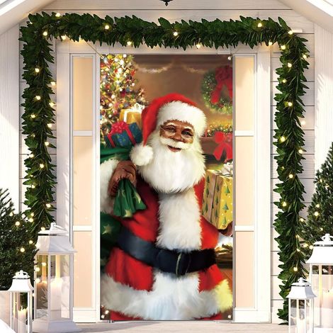 Décorations de Noël avec cloches, nœuds, flocons de neige, Père Noël, banderole « Joyeux Noël » - 90 x 180 cm (perforée + ruban) - 7