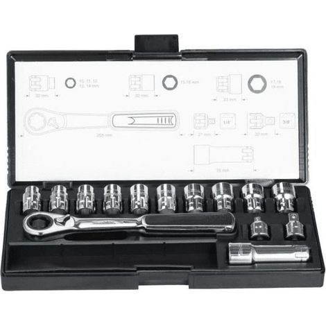 Makita – Coffret cliquet et douilles 14 pièces – 1 cliquet 72 dents – 10 douilles de 10 à 19 mm – Adaptateurs 1/4'' et 3/8'' – Rallonge 75 mm (1/7)