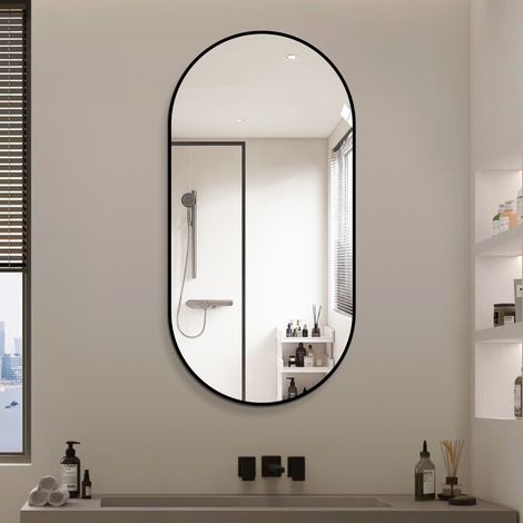 Gewölbter Wand-Badezimmerspiegel 60x120 cm mit schwarzem Aluminiumrahmen HAVRYA (1/5)