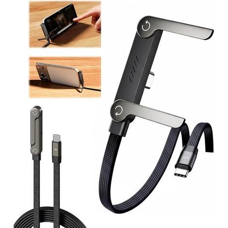 Longziming - Câble de charge USB-C 240 W avec support pour téléphone – Câble de charge rapide 2 en 1 – Câble USB-C tressé – Support pliable pour smartphone – Transfert de données rapide – 1,5 m (1/5)