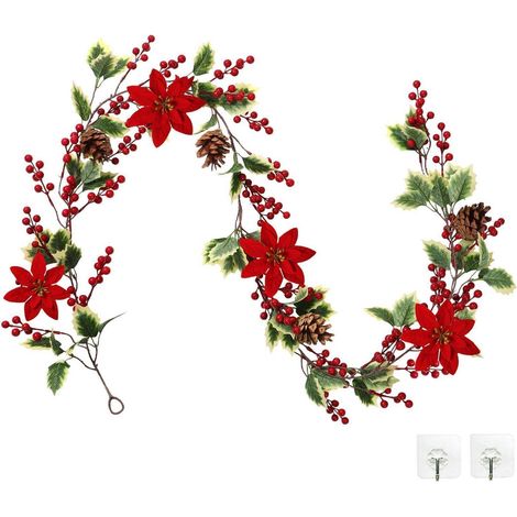 Guirlande artificielle de baies avec pommes de pin et poinsettia, 190cm (1/5)