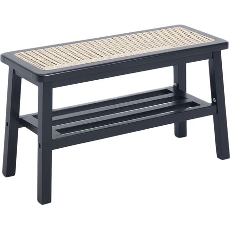 Dining Bench in Rattan Wood Rustic Entryway Storage Bench Ottoman Shoe Footstool Seat for Kitchen Living Room Hallway, Black, Wahson