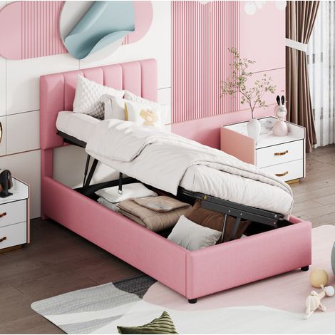 Lit coffre 90x200 enfant lin rose tête de lit réglable HAVRYA (1/5)