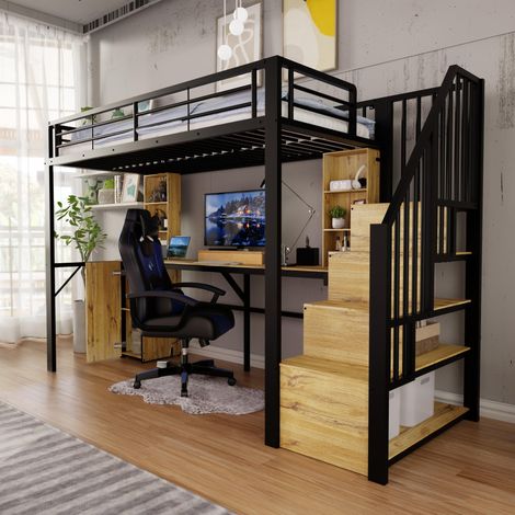 Lit Mezzanine 90x200 cm avec Bureau Armoire et Port USB - Lit Haut Adulte Métal Noir et Bois - Gain de Place Style moderne (1/5)