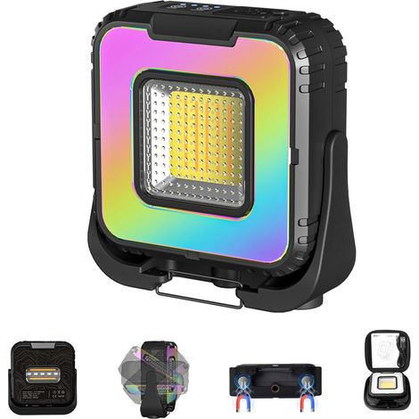 Projecteur LED Rechargeable Double Face 1000 Lumens, 8 Modes Batterie 5000mAh, IPX4 Étanche, Lumière RVB, Lampe de Travail Portable pour Camping, Atelier, Garage, Urgence, Extérieur (1/5)