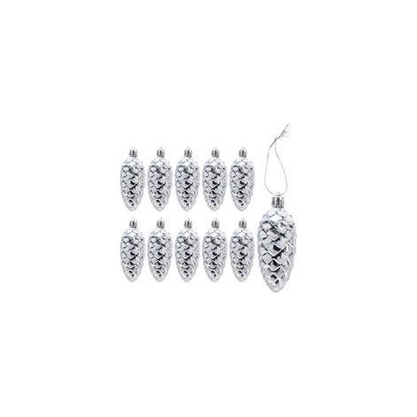 Set mit 10 großen Weihnachtszapfen-Dekorationen – Funkelnde silberne Weihnachtsbaumkugeln – Kunststoff-Weihnachtskugeln (Silber) – Crezuo