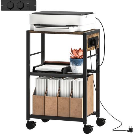 Supporto/mensola per stampante con ruote, prese di corrente, porte USB e USB-C, portata fino a 40 kg, colore marrone rustico. (1/5)