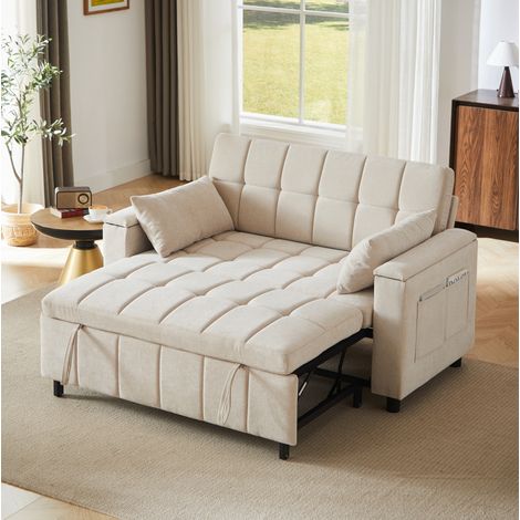 Divano letto 2 posti 148,6 x 81,3 x 86,4 cm beige, contenitore, tessuto chenille, 3 in 1 MEUBLIV (1/5)
