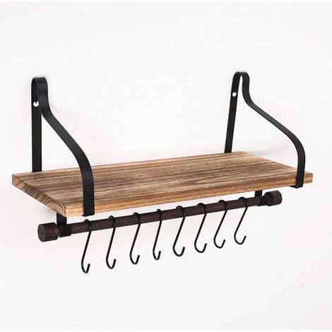 Étagères murales pour cuisine Organisateur de cuisine en bois rustique avec rail en bois et 8 crochets amovibles pour organiser les ustensiles de cuisine