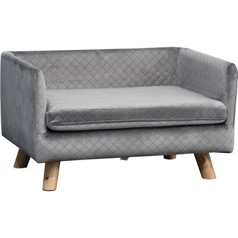 Canapé pour chien et chat en velours gris foncé 64x45x36 cm, lit rembourré avec dossier et pieds bois, coussin moelleux pour petit chien (1/5)