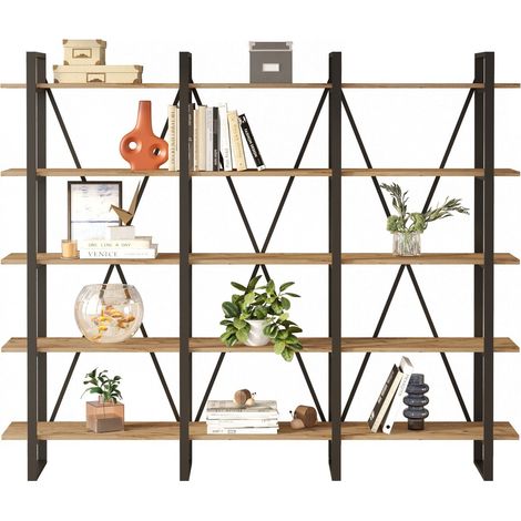 Etagère bibliothèque en bois naturel et métal noir Kinka 220cm (1/4)