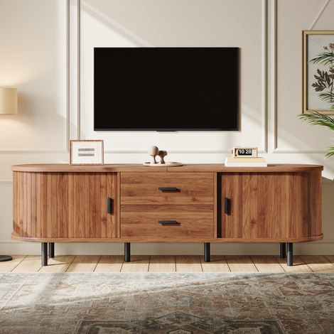 Meuble TV bas 160x40x55 cm, 2 portes coulissantes à veinage vertical, 2 tiroirs, côtés arrondis, MDF et aggloméré, pieds métal noir (1/5)