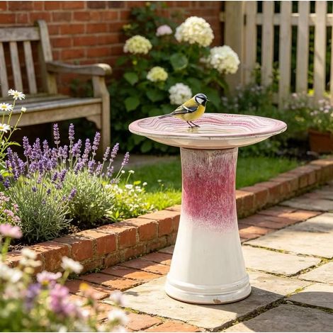 Bain d'oiseaux sur pied en céramique Ø 43 x H 45 cm, blanc et rose rouge, fait main, résistant au gel et aux intempéries, pour jardin balcon terrasse CHICFURN (1/5)