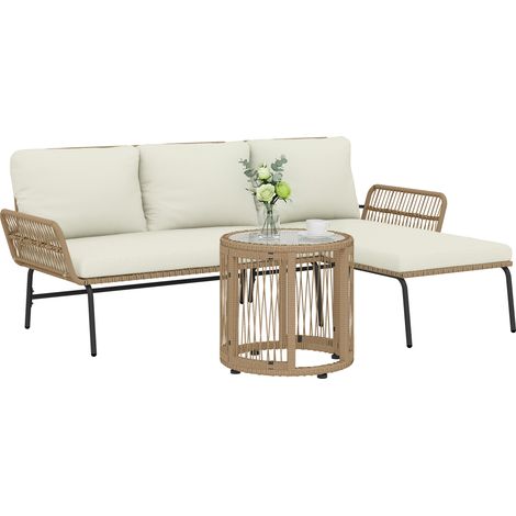 Conjunto de muebles de jardín de ratán muebles de terraza con sofá de 2 plaza chaise longue cojines y mesa auxiliar de tablero de vidrio beige