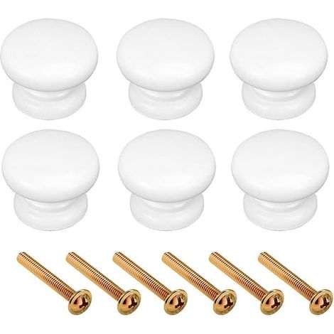 Lot de 6 Poignées de Tiroir en Bois Blanc, Boutons de Meuble Ronds avec Vis de Fixation Incluses pour Armoire de Cuisine, Garde-Robe et Meuble de Chambre (1/5)