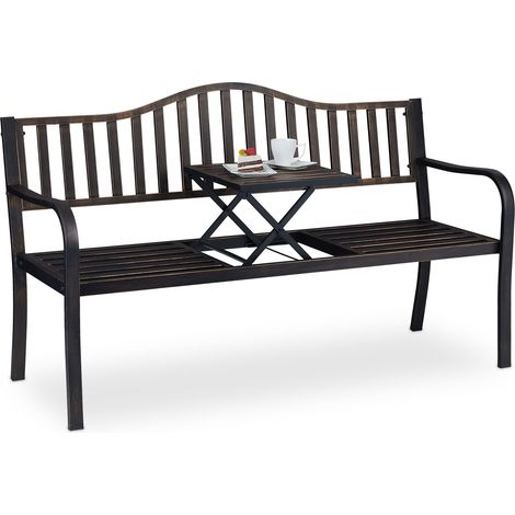 Relaxdays Banco Jardín con Mesa Plegable, 3 Plazas, Estable, Decoración Jardín Exterior, 89x150x58,5 cm, Negro y Bronce