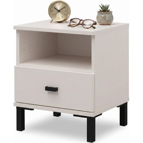 Comodino Ghadam, un Cassetto, 2 Ripiani, Apertura Scorrevole, 39x35x45h cm Bianco Crema