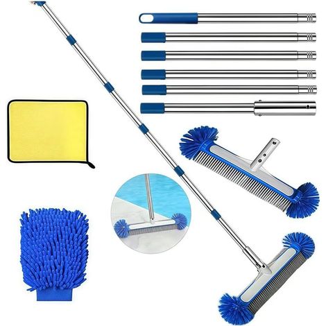 1 - Brosse De Piscine - Tige Télescopique - Nettoyage Fond Et Murs - Poils Denses Et Manche Incliné 45° - Pour Piscines Privées Et Hôtels - Bleu - 230x45cm