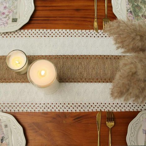 Lot de 2 nappes en coton et lin avec pompons noués, décoration de table, idéale pour les fêtes et les mariages. (1/5)