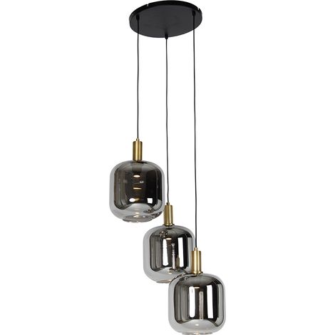 Hängelampe schwarz mit Gold und Rauchglas inkl. 3 PUCC - Zuzanna