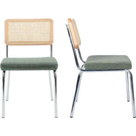 Lot de 2 chaises en métal chromé, cannage naturel et velours côtelé vert - Paula (1/5)