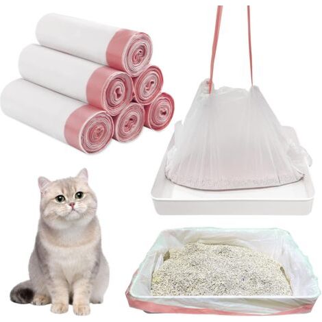 6 rouleaux de sacs à litière, rouleau de 10, grands sacs à litière jetables avec cordon de serrage, pour approvisionnement en déchets de chat (91 x 45 cm) (1/5)