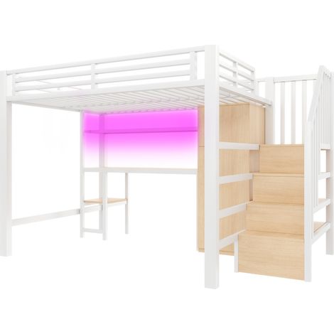 Cama alta metálica 140x200 con escritorio, estantería, armario y escalera de almacenamiento, blanco (1/5)