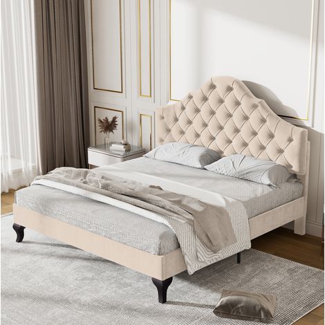 DESVIAE Lit rembourré avec tête de lit réglable et sommier à lattes 140 x 190 cm velours blanc cassé (1/5)