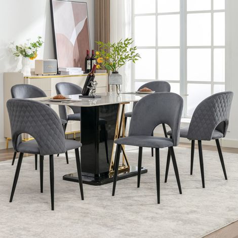 Lot de 6 chaises de salle à manger en velours gris, dossier motif diamant, pieds en métal réglables (1/5)