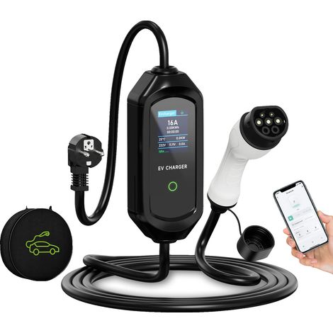 Cargador portátil para vehículos eléctricos, control inteligente vía WiFi y Bluetooth, corriente de carga ajustable, tipo 2, 10 m (1/2)