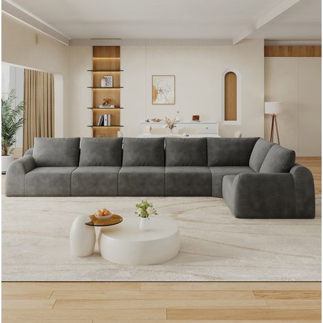 Divano angolare 6 posti in ciniglia grigio, schiuma ad alta elasticità, compresso senza montaggio, 401×200 cm (1/5)